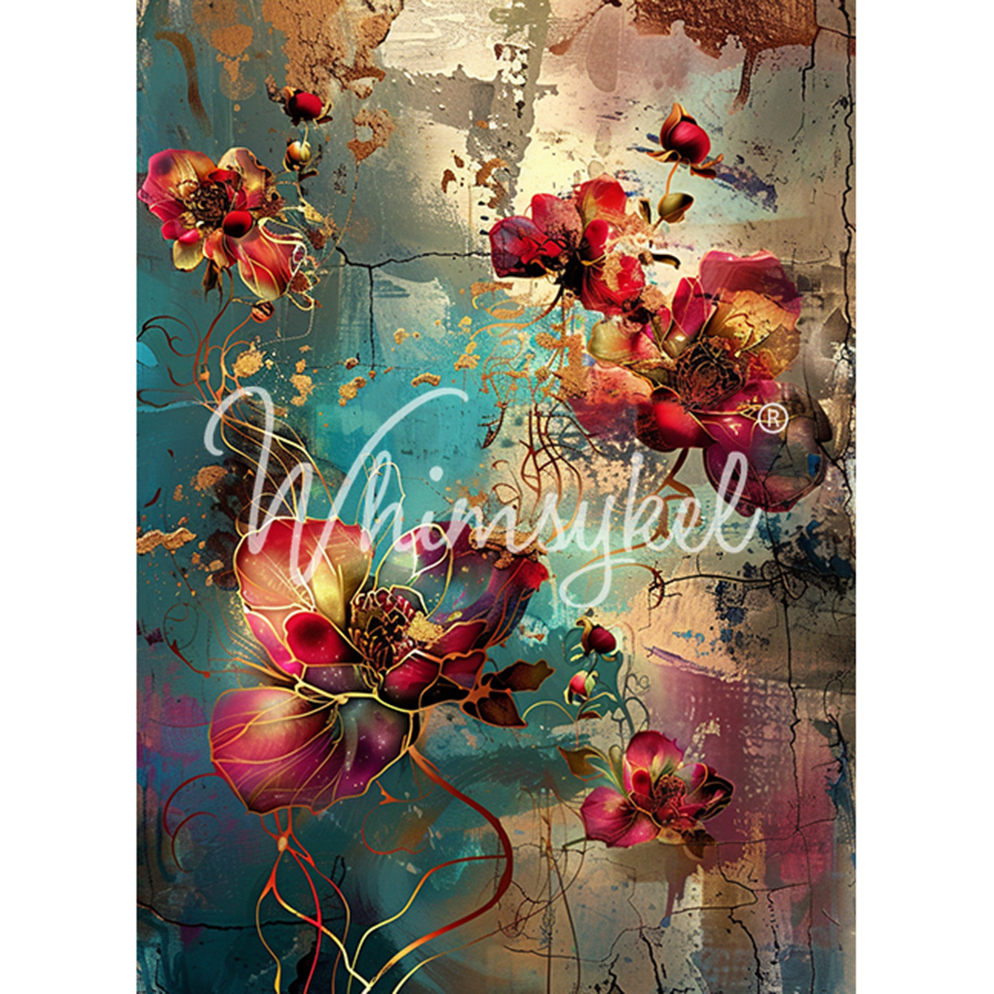 Tissue paper design featuring red and orange patina colored blooming flowers and a cracked teal and cream colored background. White borders are on the sides.