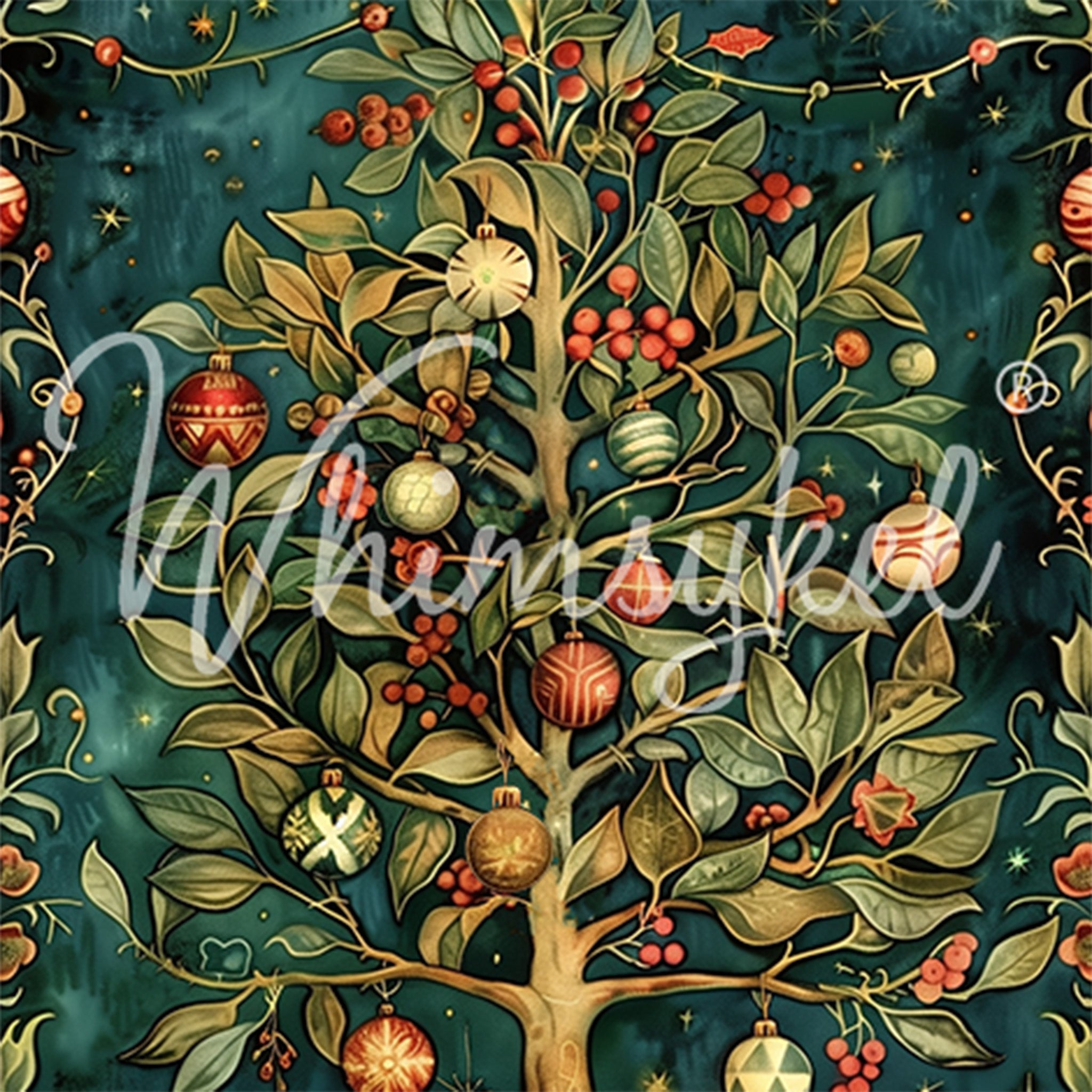 Close-up of a tissue paper design that features a pear tree adorned with Christmas ornaments and gifts against a dark cosmic background.