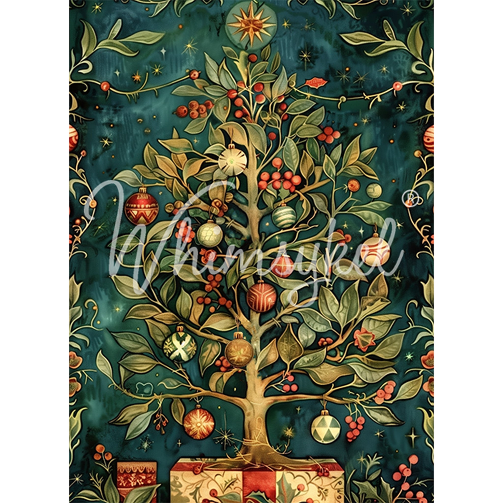 Tissue paper design that features a pear tree adorned with Christmas ornaments and gifts against a dark cosmic background. White borders are on the sides.