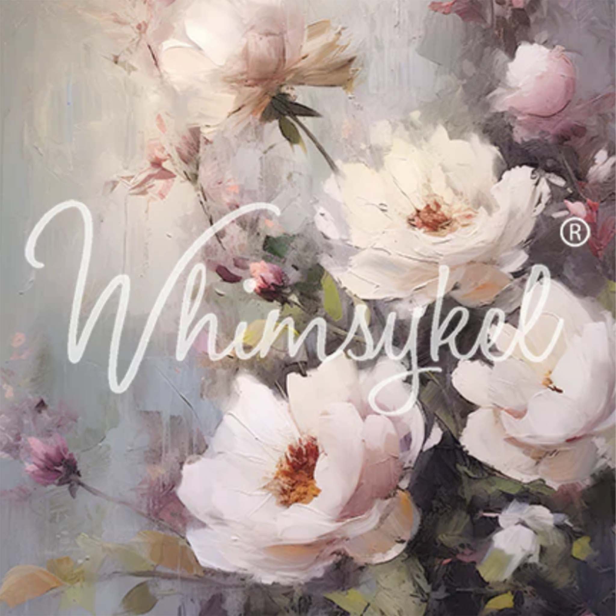 Close-up of a tissue paper design that features a canvas style painting of a bundle of white and blush flowers resting on a gentle gray backdrop.