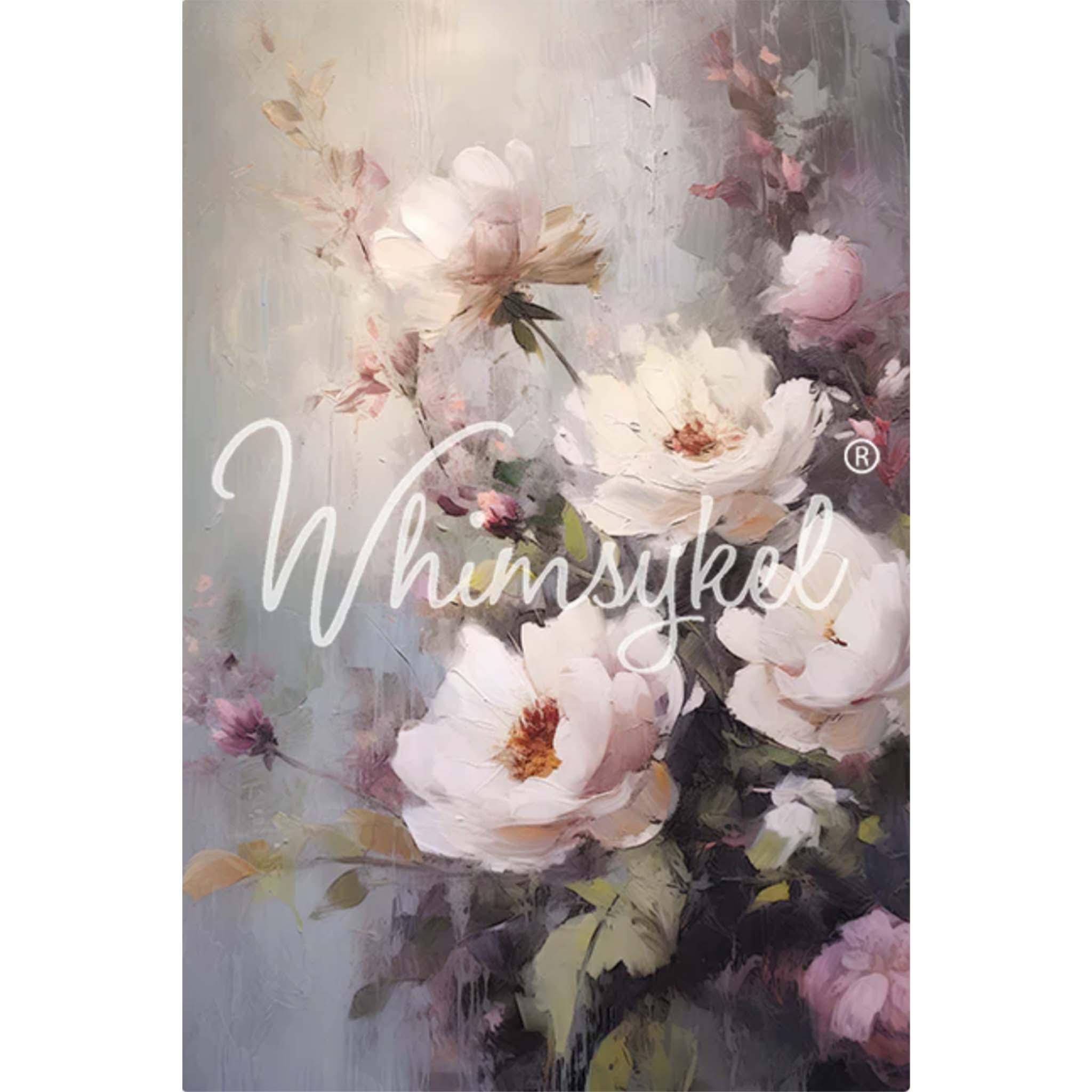 Tissue paper design that features a canvas style painting of a bundle of white and blush flowers resting on a gentle gray backdrop. White borders are on the sides.