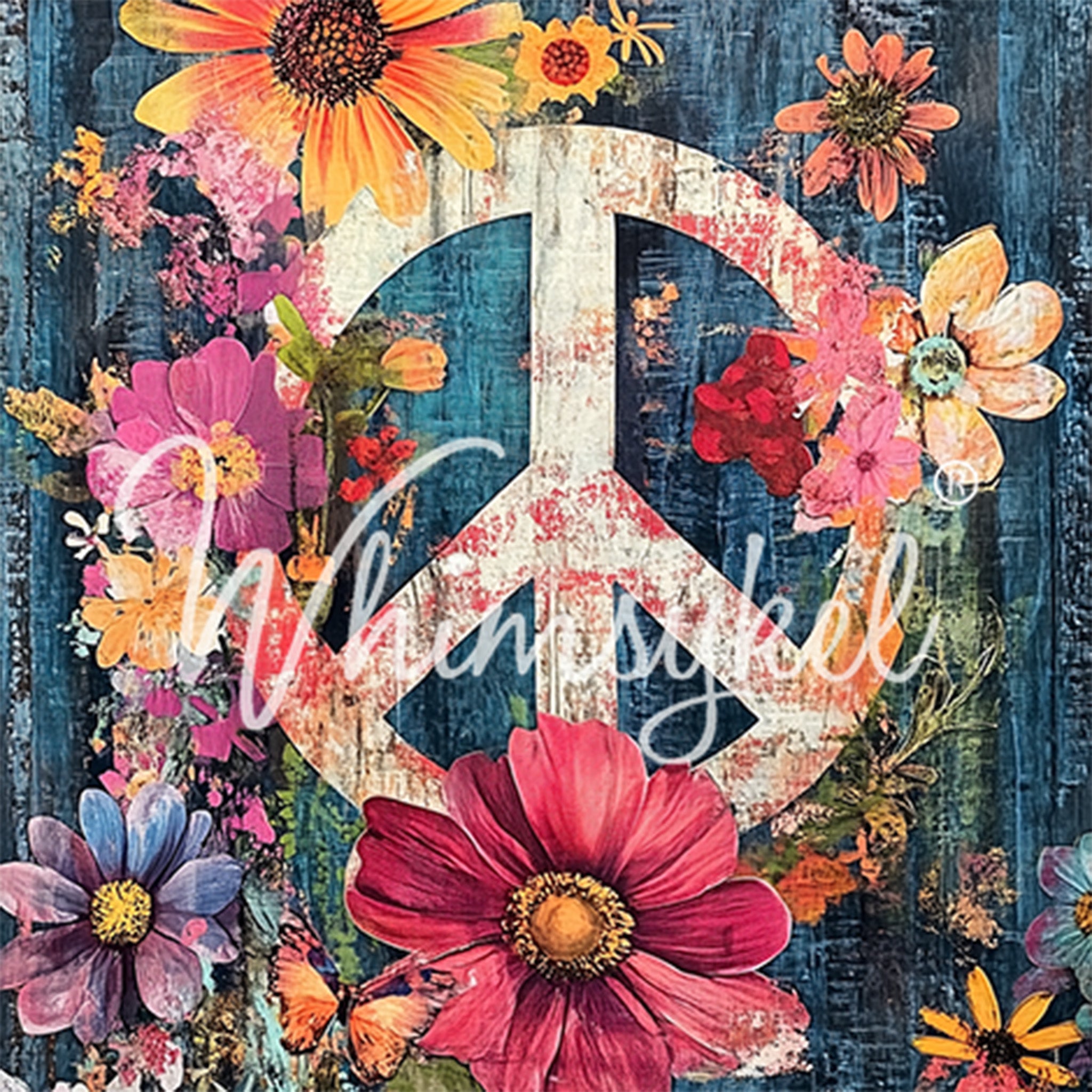 Close-up of a tissue paper design featuring a peace sign surrounded by colorful flowers against a blue wood pattern background. 