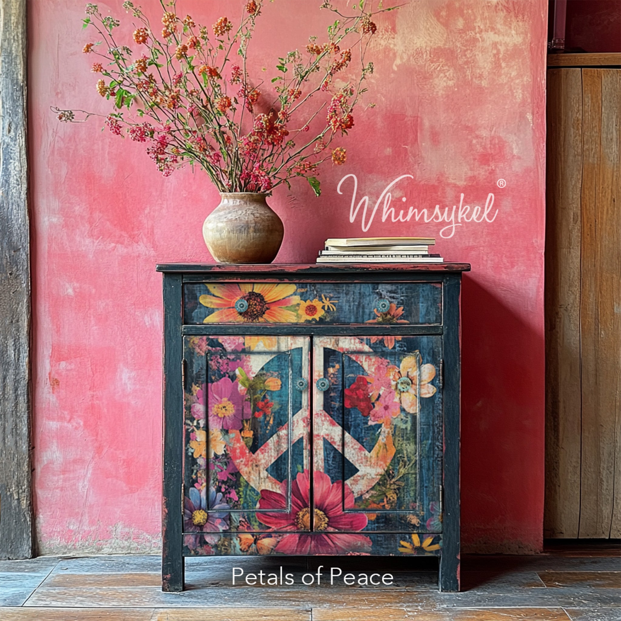 A vintage small buffet cabinet against a pink wall is painted denim blue and features Whimsykel's Petals of Peace tissue paper on its 2 doors and single drawer. 