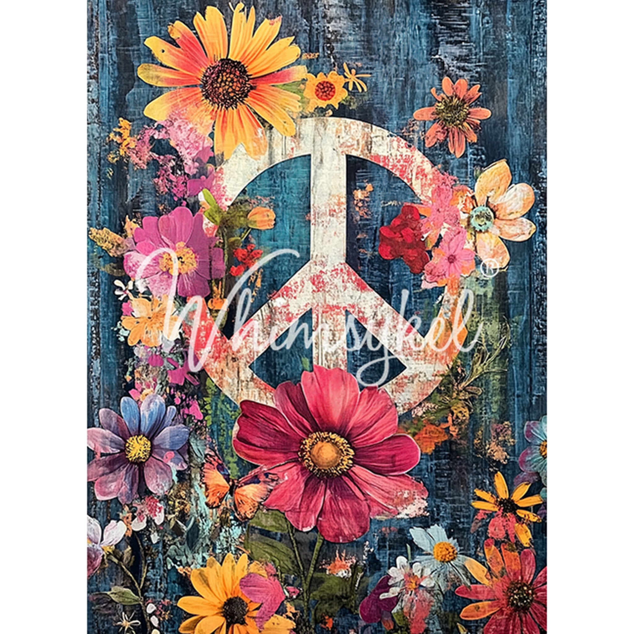 Tissue paper design featuring a peace sign surrounded by colorful flowers against a blue wood pattern background. White borders are on the sides.