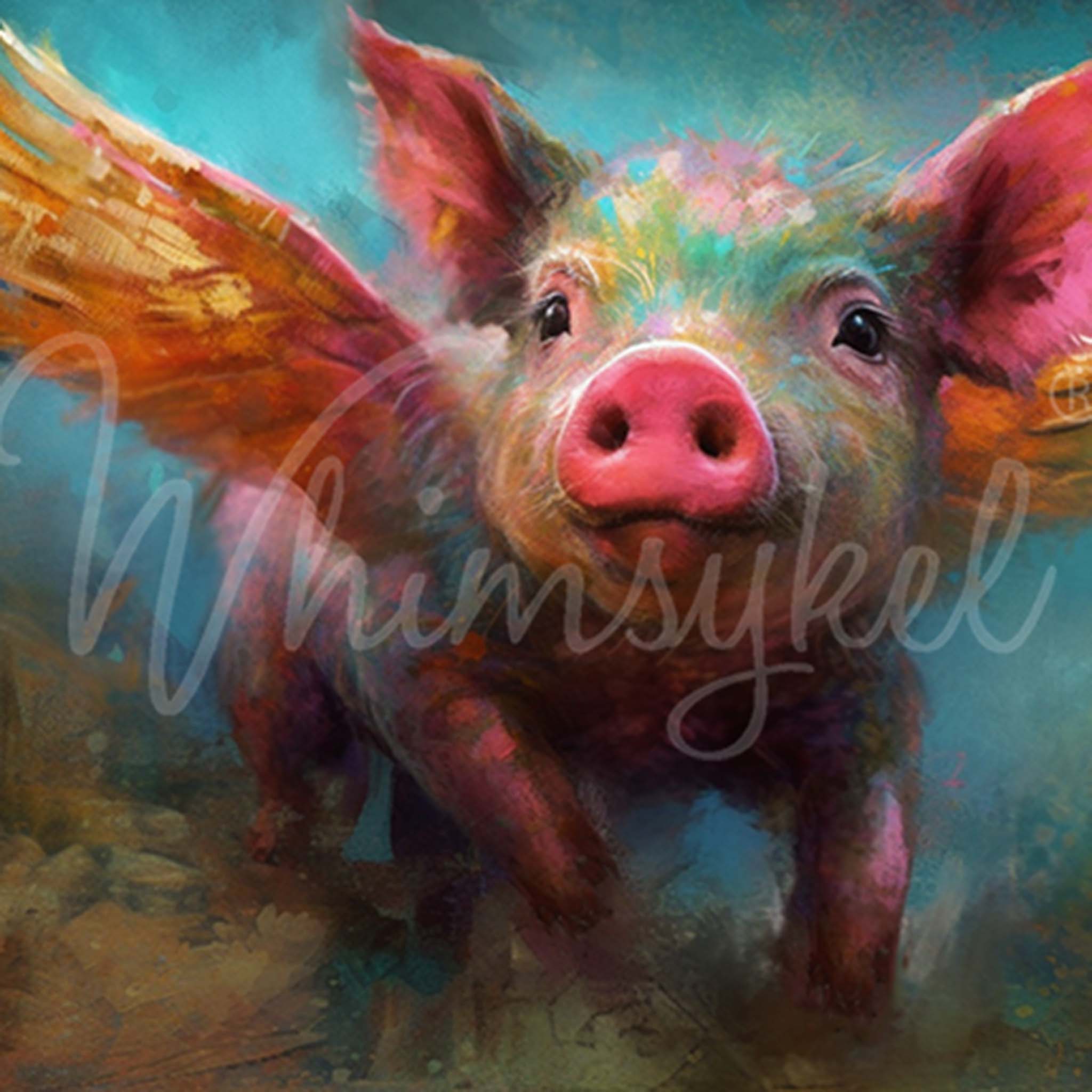 Close-up of a tissue paper design that features a colorful painting of a piglet flying with outstretched wings.
