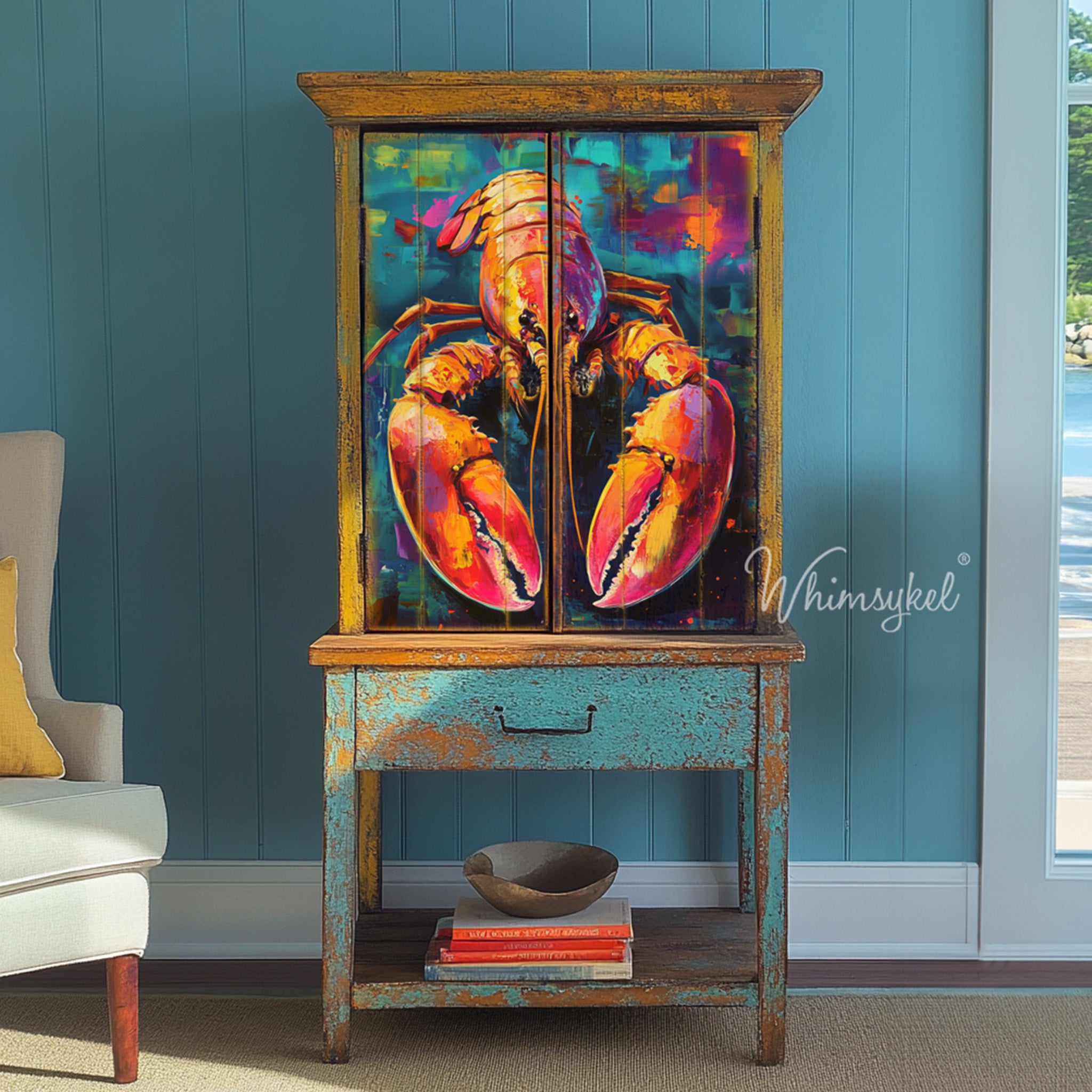 A vintage small armoire cabinet on top of a 1-drawer side table features Whimsykel's Pinch Pete tissue paper on the 2 armoire doors.