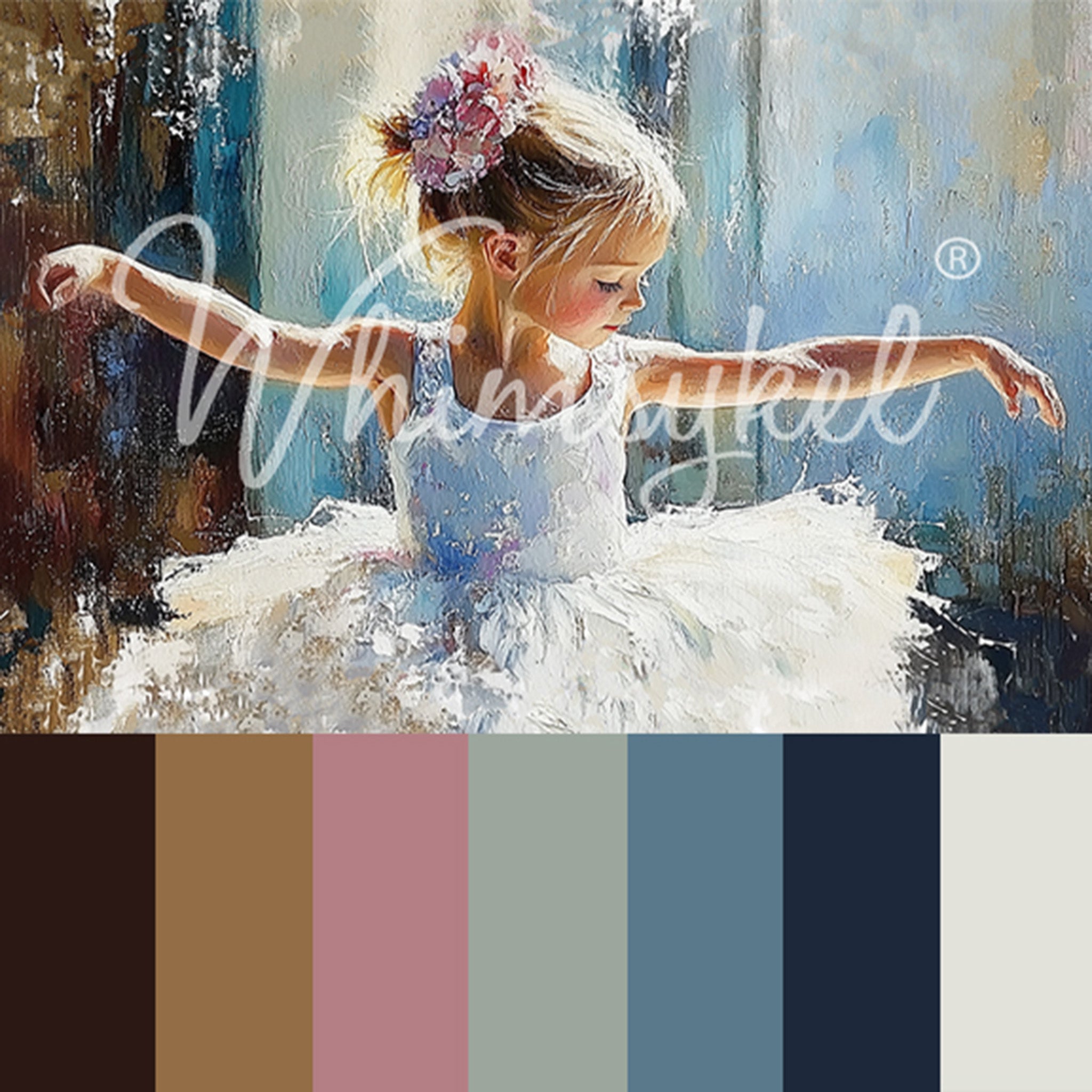 A close-up of Whimsykel's Pirouettes and Petals tissue paper features a coordinating color pallet of dark and light brown, mauve pink, pale sage, light and dark blue, and white under it.