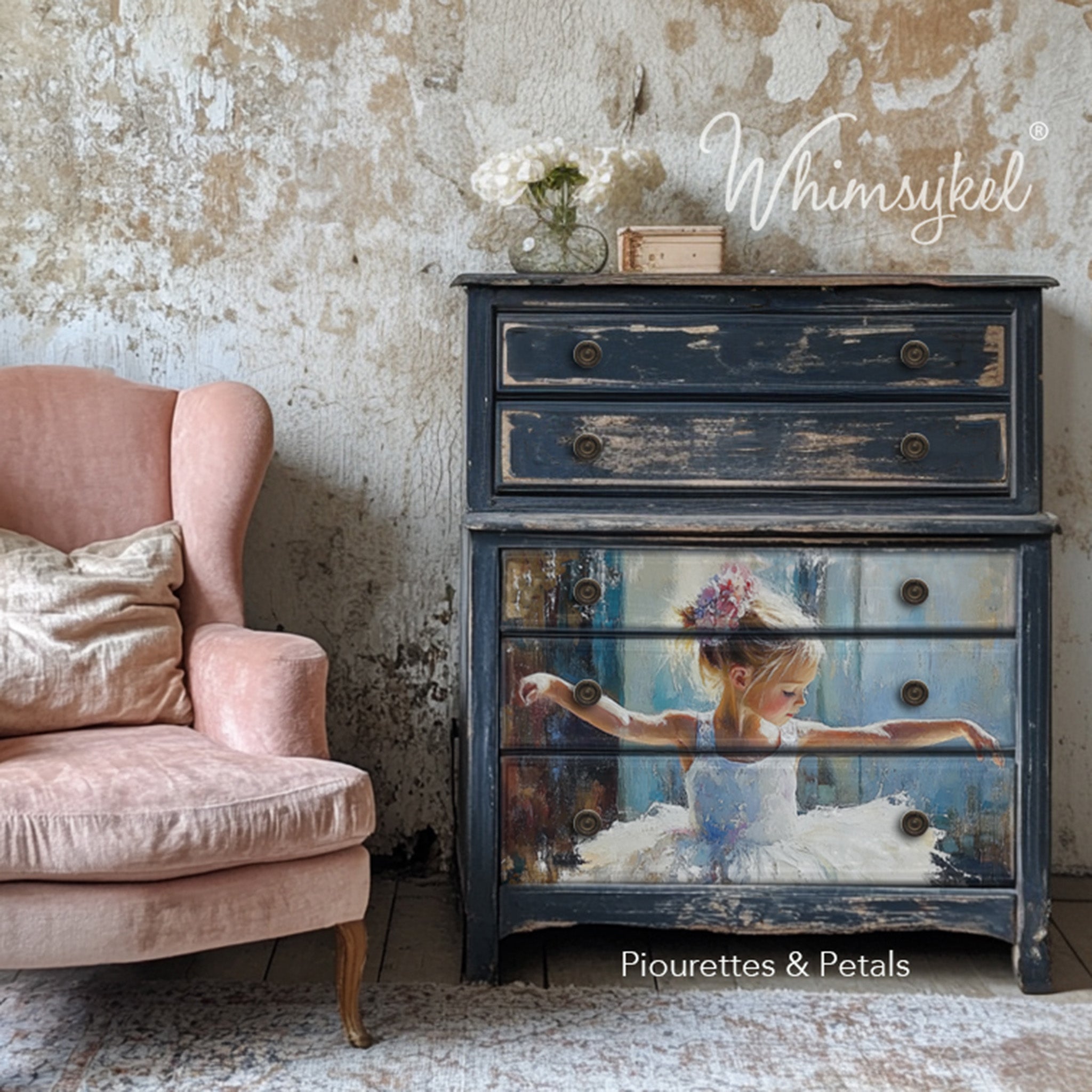 A vintage 5-drawer chest dresser with weathered navy blue paint features Whimsykel's Pirouettes and Petals tissue paper on the bottom 3 drawers.