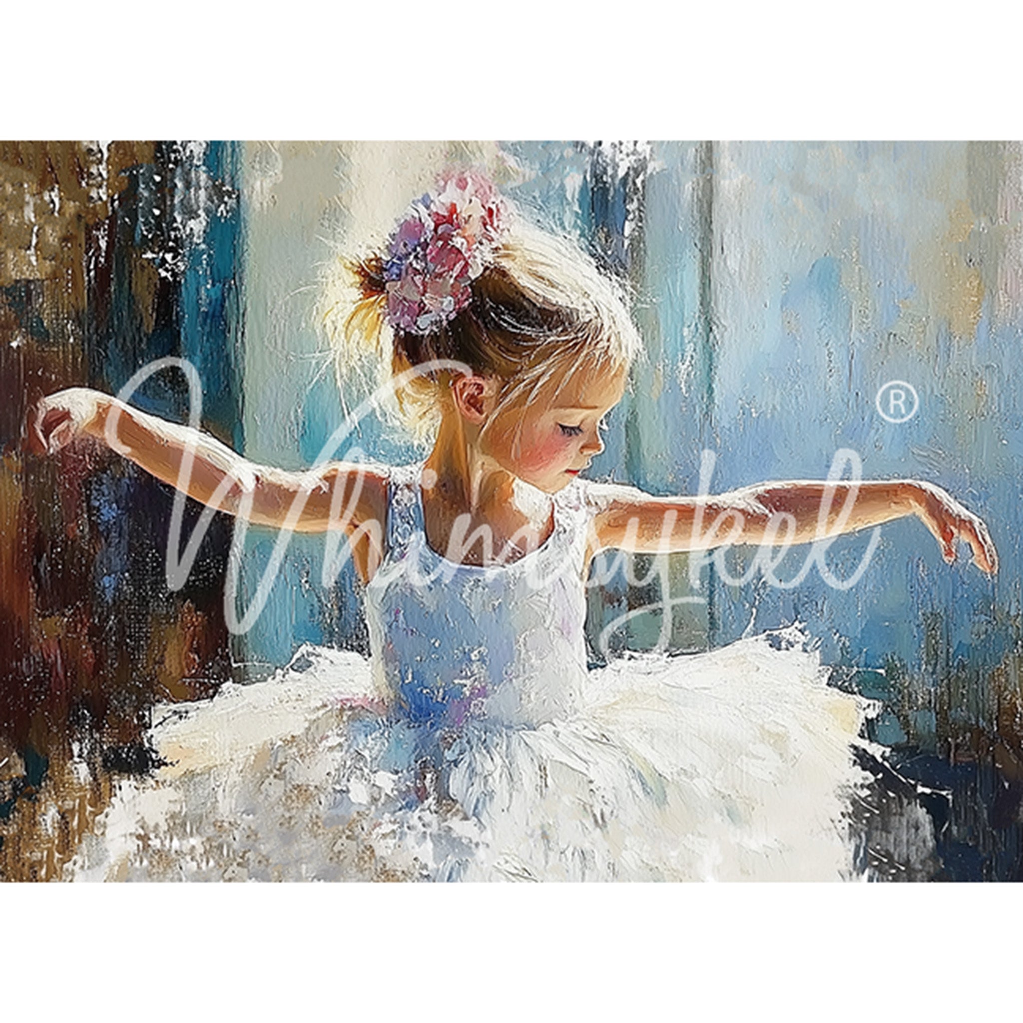 Tissue paper featuring an oil-style painting of a beautiful toddler ballerina, her arms outstretched, in a white tutu and soft pink flowers in her hair. White borders are on the top and bottom.