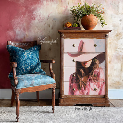 Pretty Tough Whimsykel decoupage paper applied to a vintage dresser in a western-inspired room