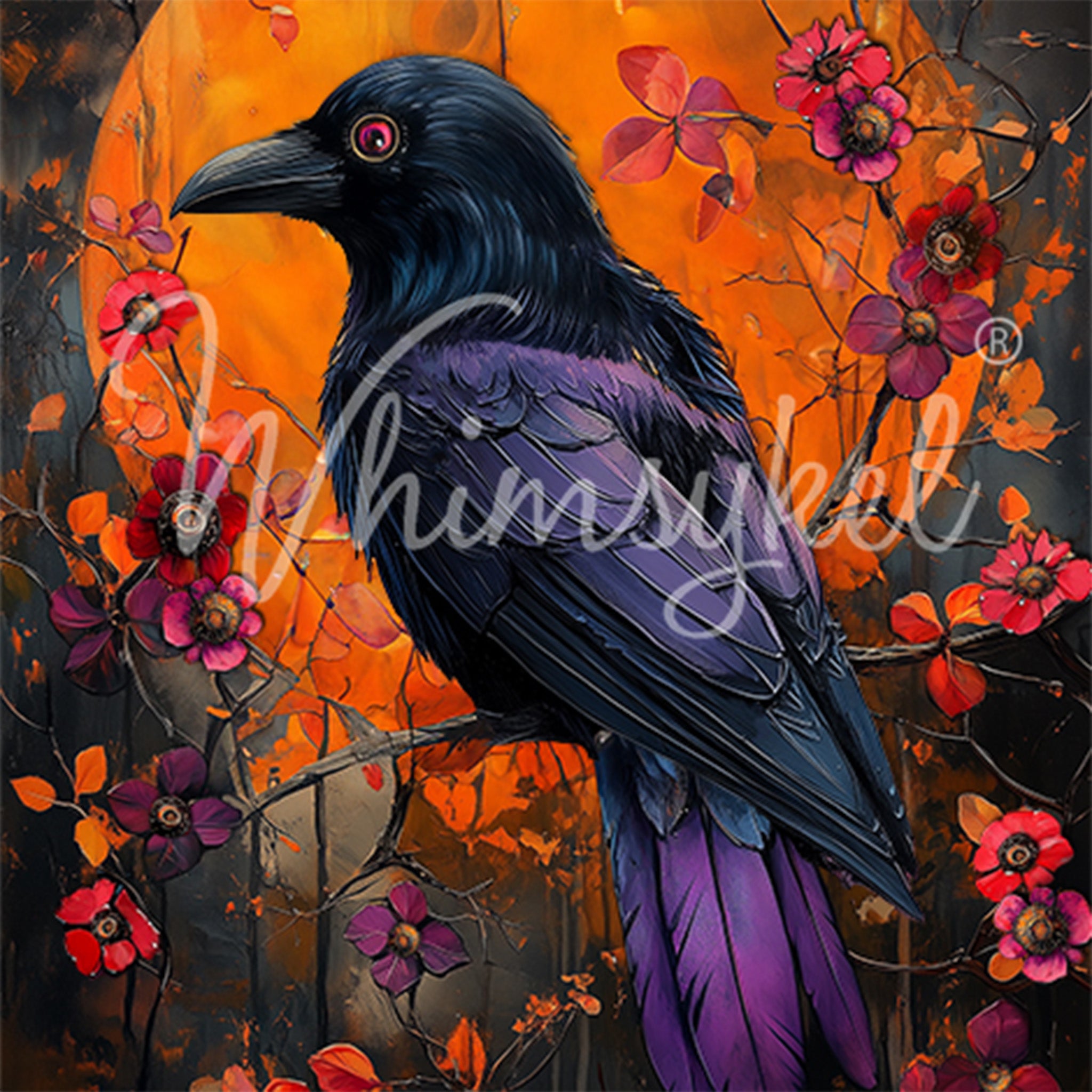 Close-up of a tissue paper design that features a large raven in front of an orange harvest moon, surrounded by flowers and branches.