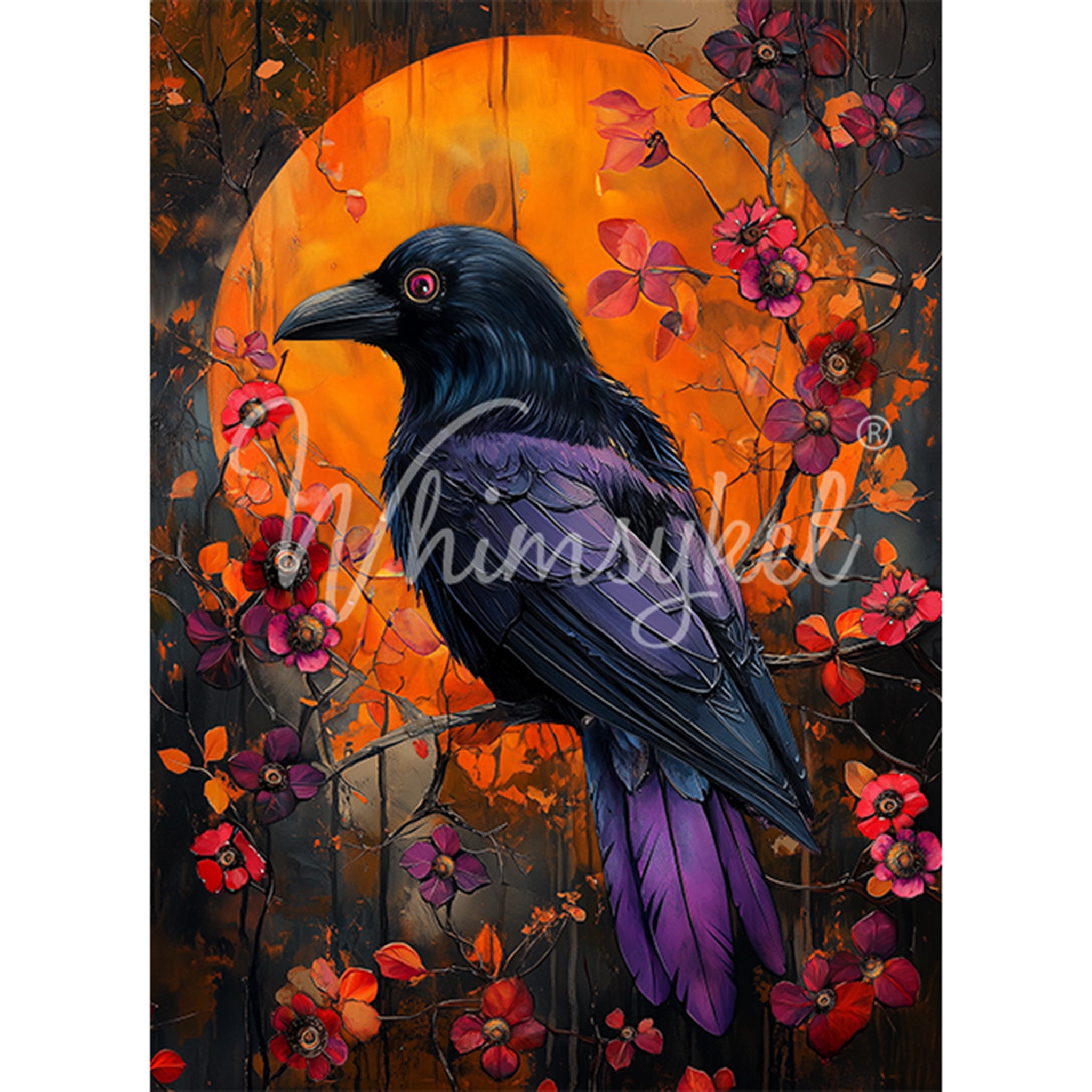 Tissue paper design that features a large raven in front of an orange harvest moon, surrounded by flowers and branches is against a white background.