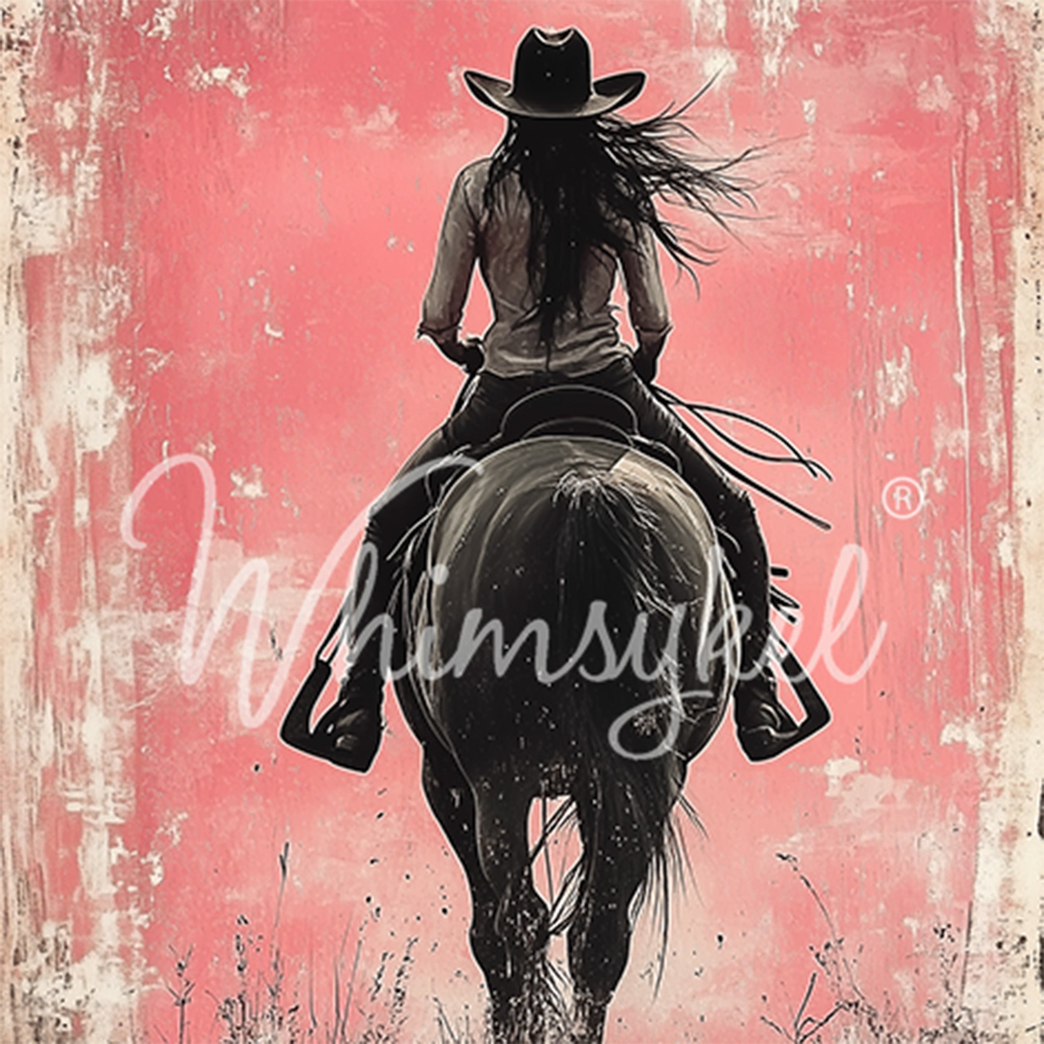 Close-up of a tissue paper design featuring a cowgirl riding on her horse towards and pink background.