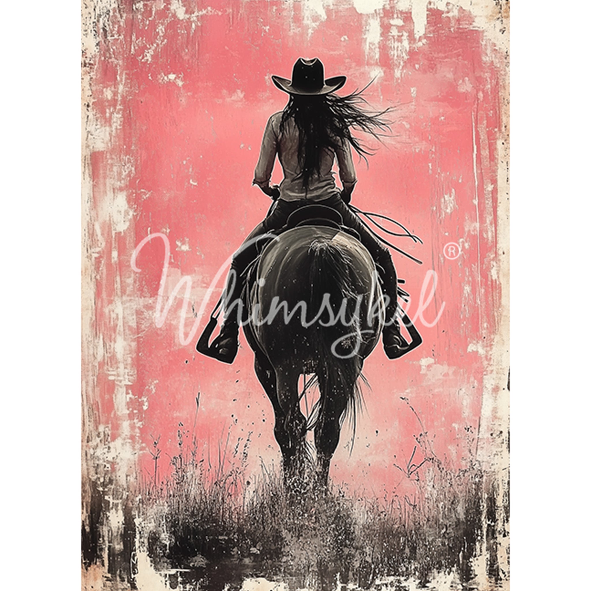 Tissue paper design featuring a cowgirl riding on her horse towards and pink background. White borders are on the sides.