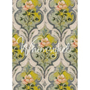 Tissue paper featuring a soft pink floral design in a damask-style repeating pattern in vintage green and yellow hues.