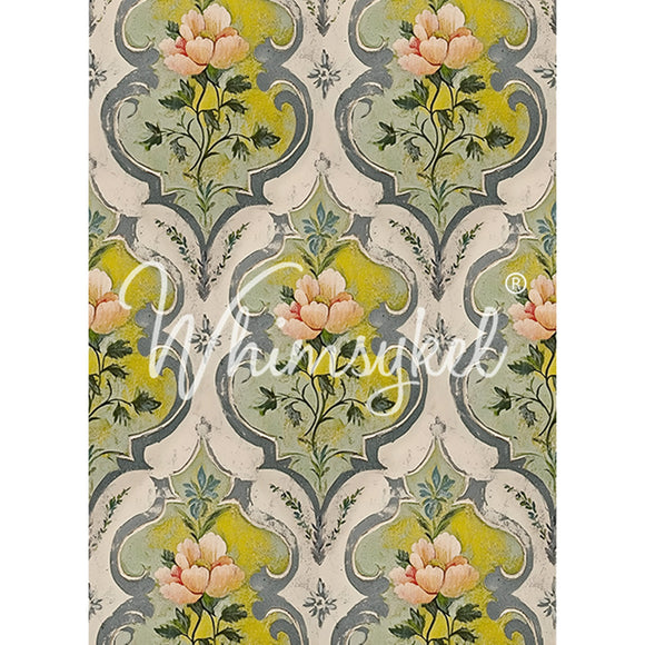 Tissue paper featuring a soft pink floral design in a damask-style repeating pattern in vintage green and yellow hues.