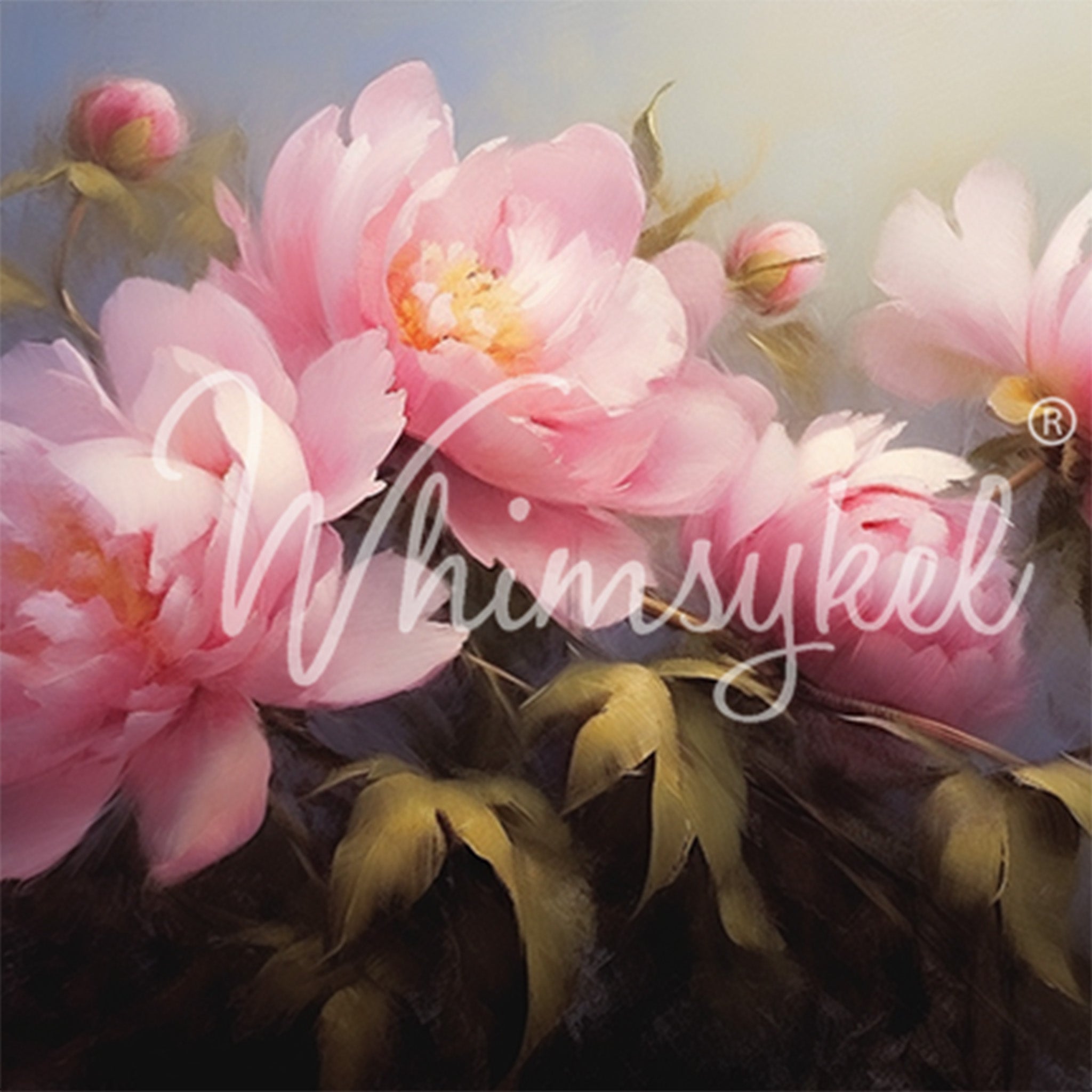 Close-up of a tissue paper design featuring large pink peonies against a hazy dream-like background.