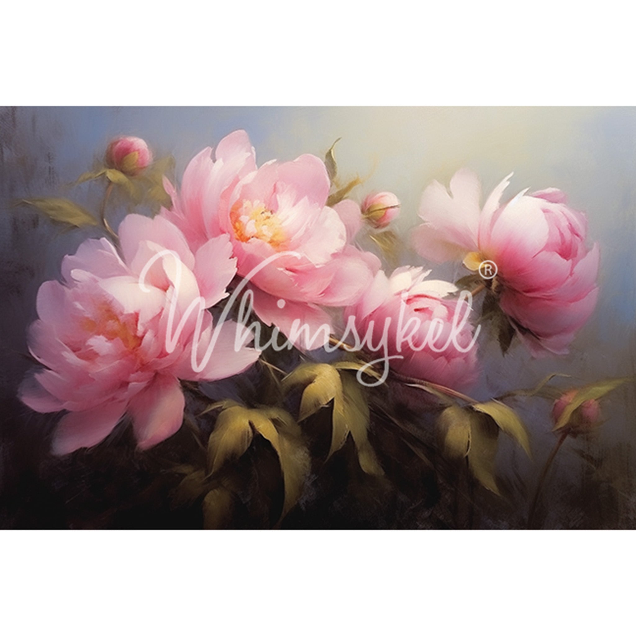 Tissue paper design featuring large pink peonies against a hazy dream-like background. White borders are on the top and bottom.