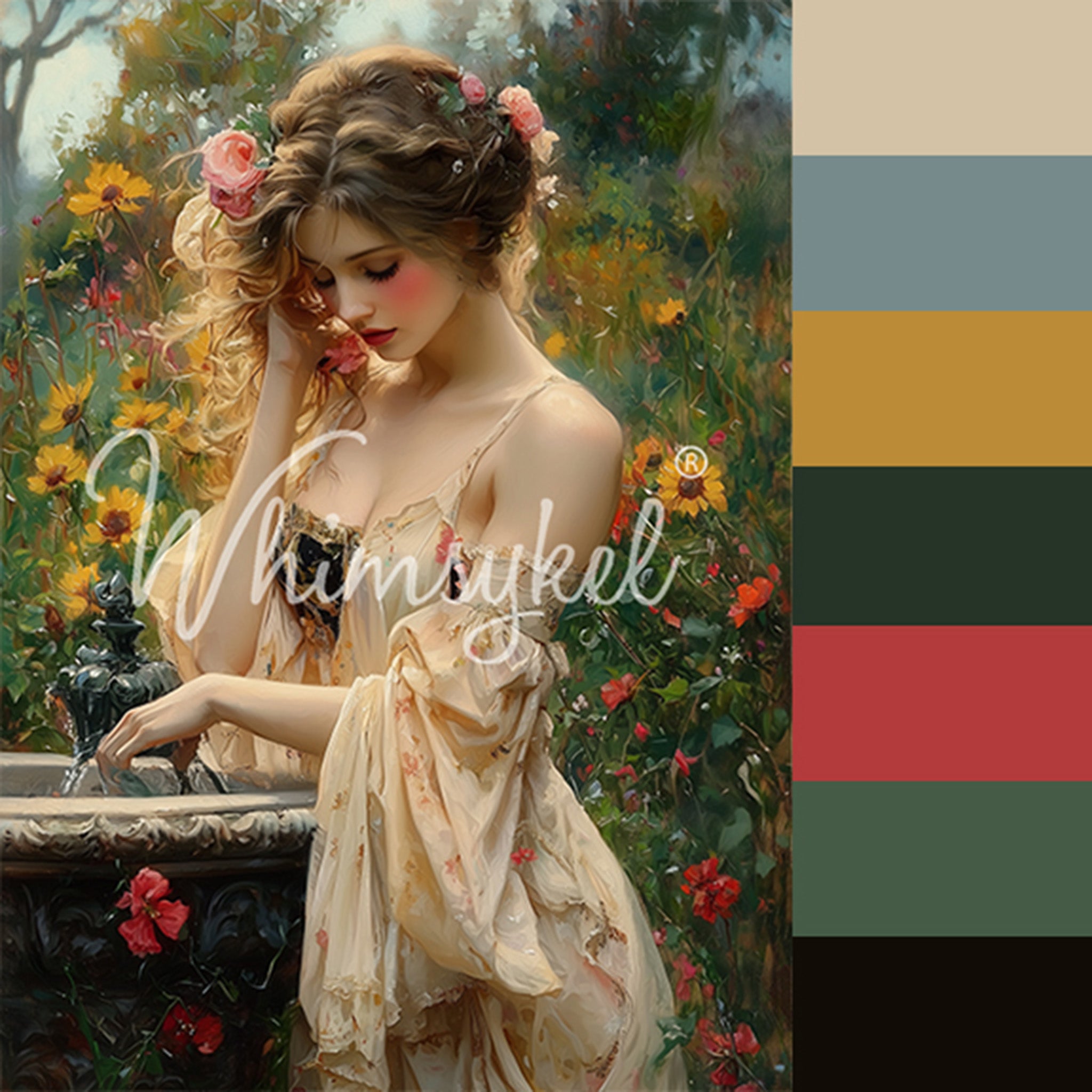 A close-up of Whimsykel's Rosewater Fountain tissue paper features a coordinating color pallet of light beige, soft blue, golden yellow, pine green, dark pink, fern green, and brown-black to the right.