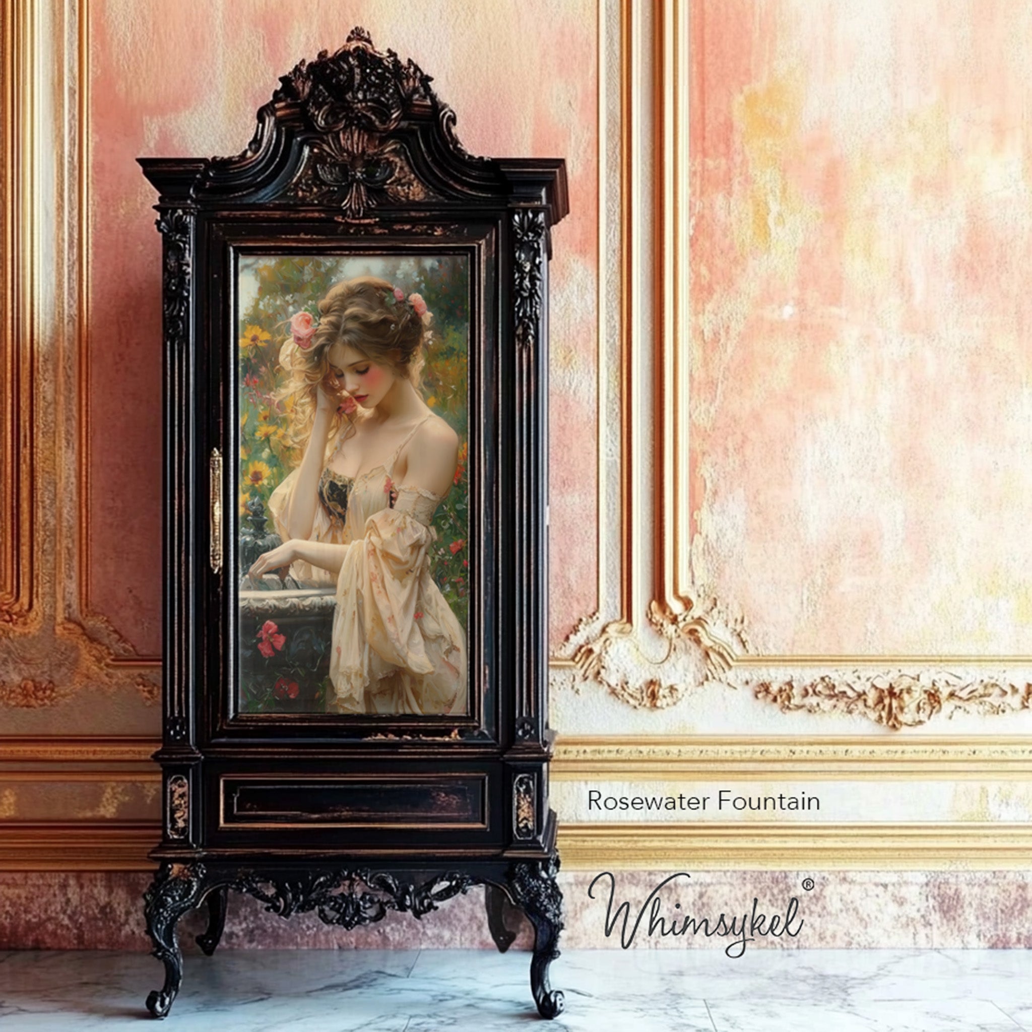 A vintage armoire is painted black and features Whimsykel's Rosewater Fountain tissue paper on its door.