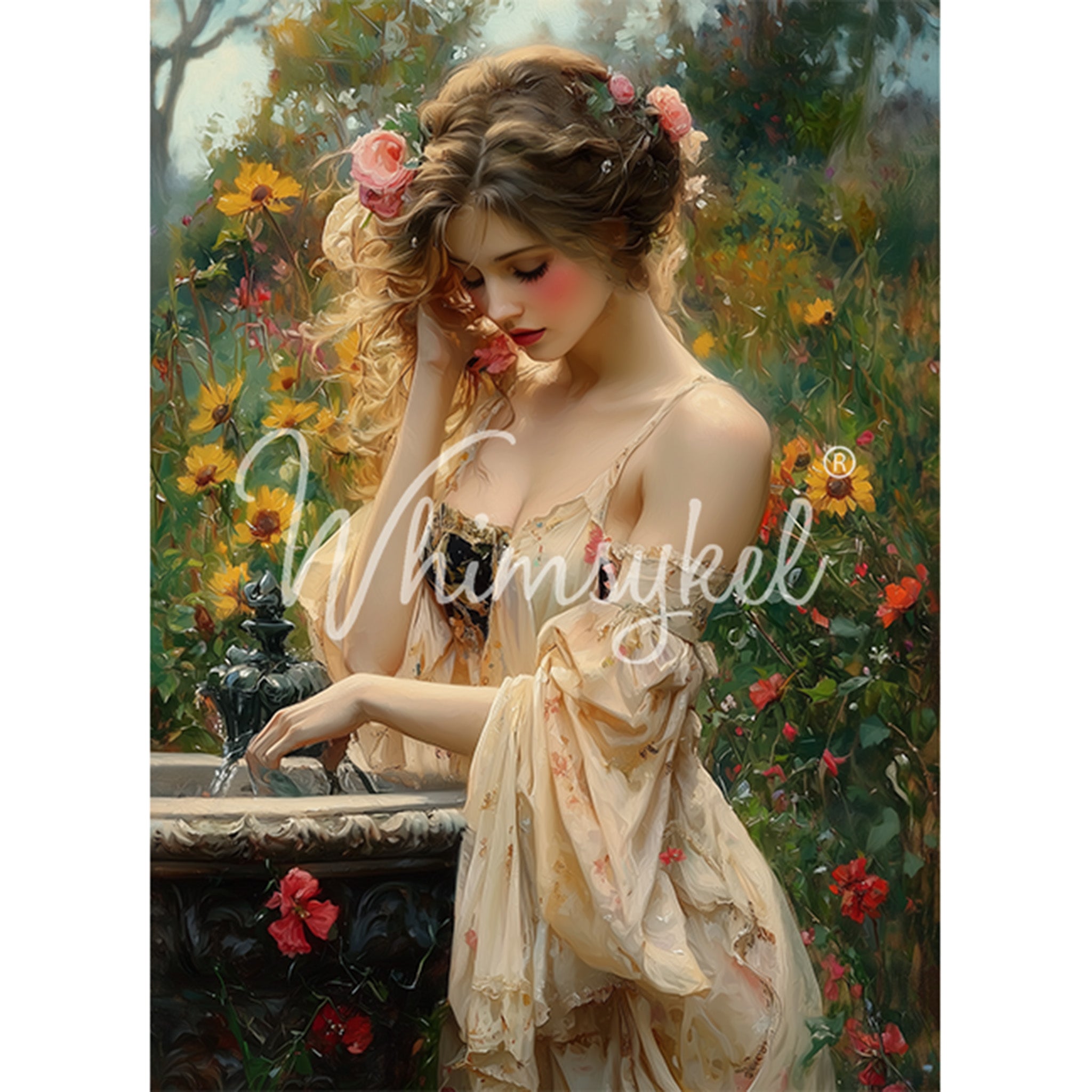 Tissue paper featuring a lovely vintage woman with flowers in her hair, standing at a fountain bird bath amongst a garden of flowers. White borders are on the sides.