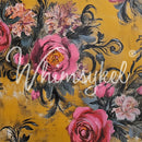 Floral design with pink roses and black accents on a yellow background, featuring the brand 'Whimsykeel'.