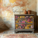 Rustic rosewood dresser with floral design against a textured wall, featuring the Whimsykel brand.