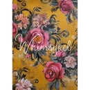 Tissue paper featuring paintings of pink rose bouquets against a mustard yellow background. White borders are on the sides.