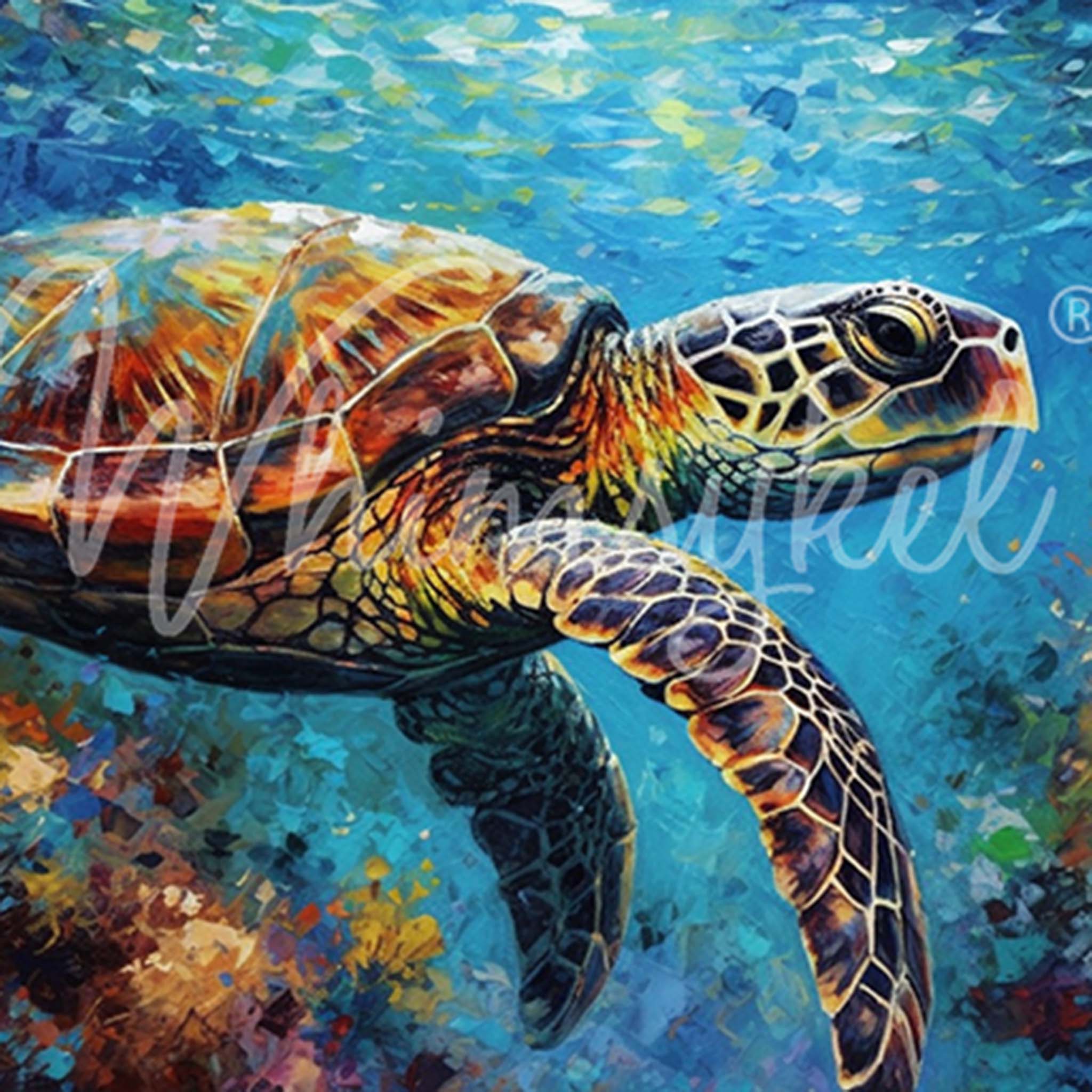 Close-up of a tissue paper design that features a colorful painting of a sea turtle swimming in the reefs.