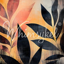 Close-up of a tissue paper featuring silhouettes of tropical foliage against orange and pink hues with black dry brush strokes.