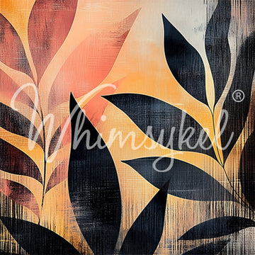 Close-up of a tissue paper featuring silhouettes of tropical foliage against orange and pink hues with black dry brush strokes.