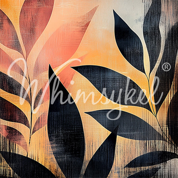 Close-up of a tissue paper featuring silhouettes of tropical foliage against orange and pink hues with black dry brush strokes.