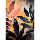 Tissue paper featuring silhouettes of tropical foliage against orange and pink hues with black dry brush strokes.