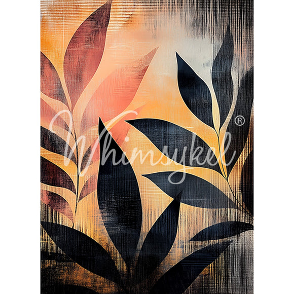 Tissue paper featuring silhouettes of tropical foliage against orange and pink hues with black dry brush strokes.