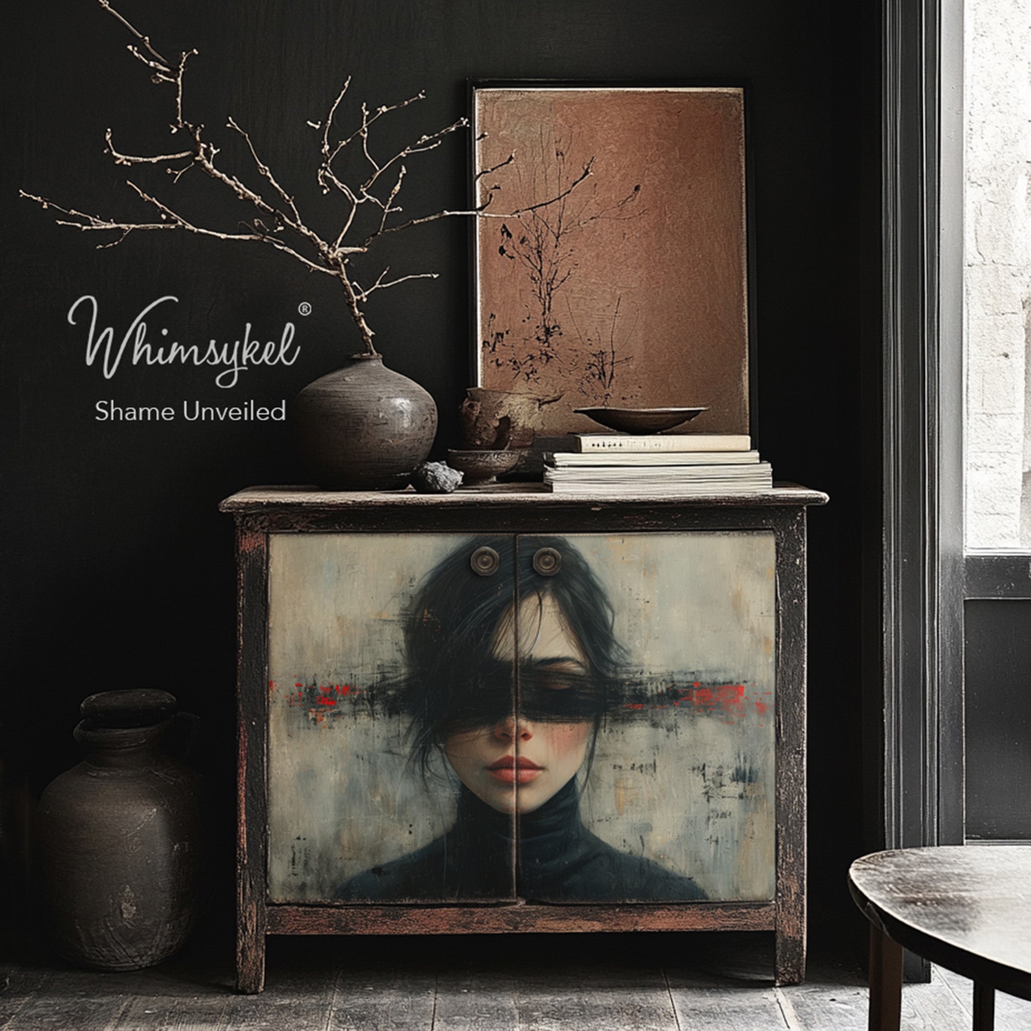 A vintage bar cabinet features Whimsykel's Shame Unveiled tissue paper on its 2 doors.