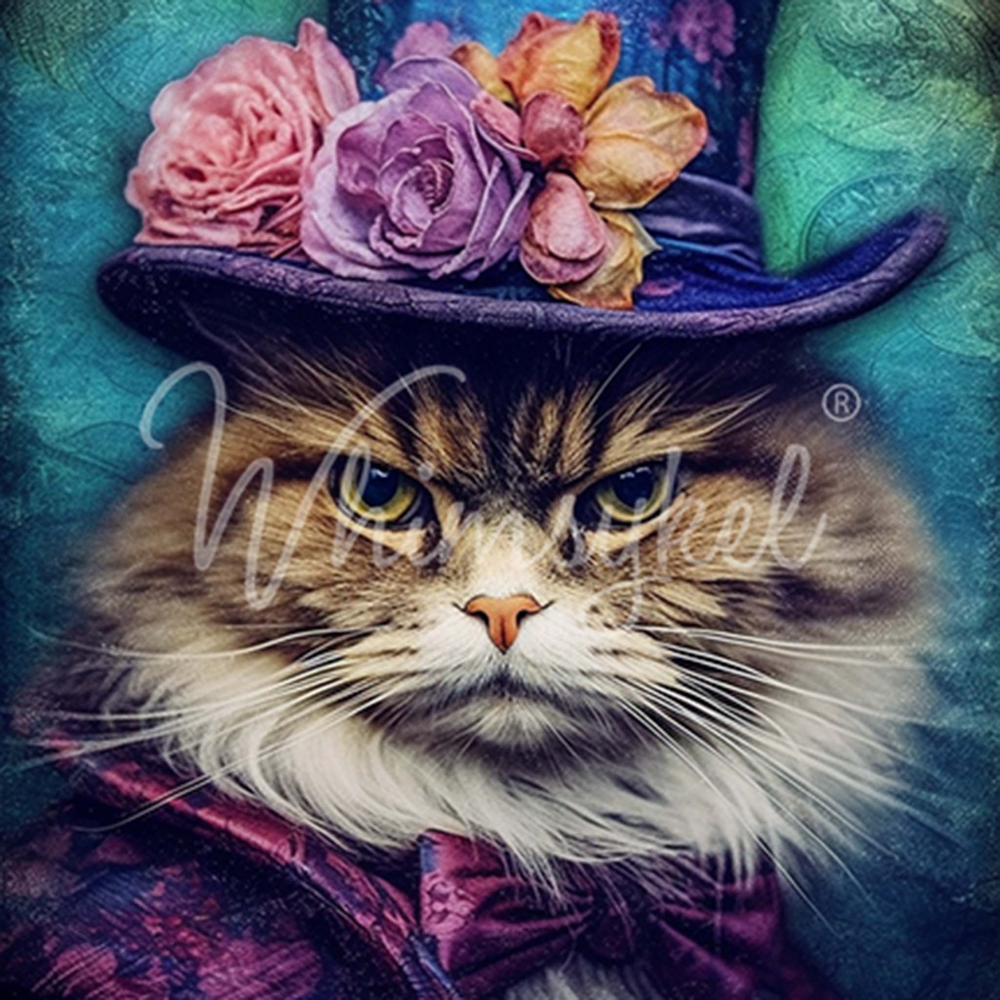 Close-up of a tissue paper design that features enchanting artwork that perfectly captures the essence of a grumpy yet dapper cat in a jacket with a bowtie and is wearing a top hat with purple and pink roses.