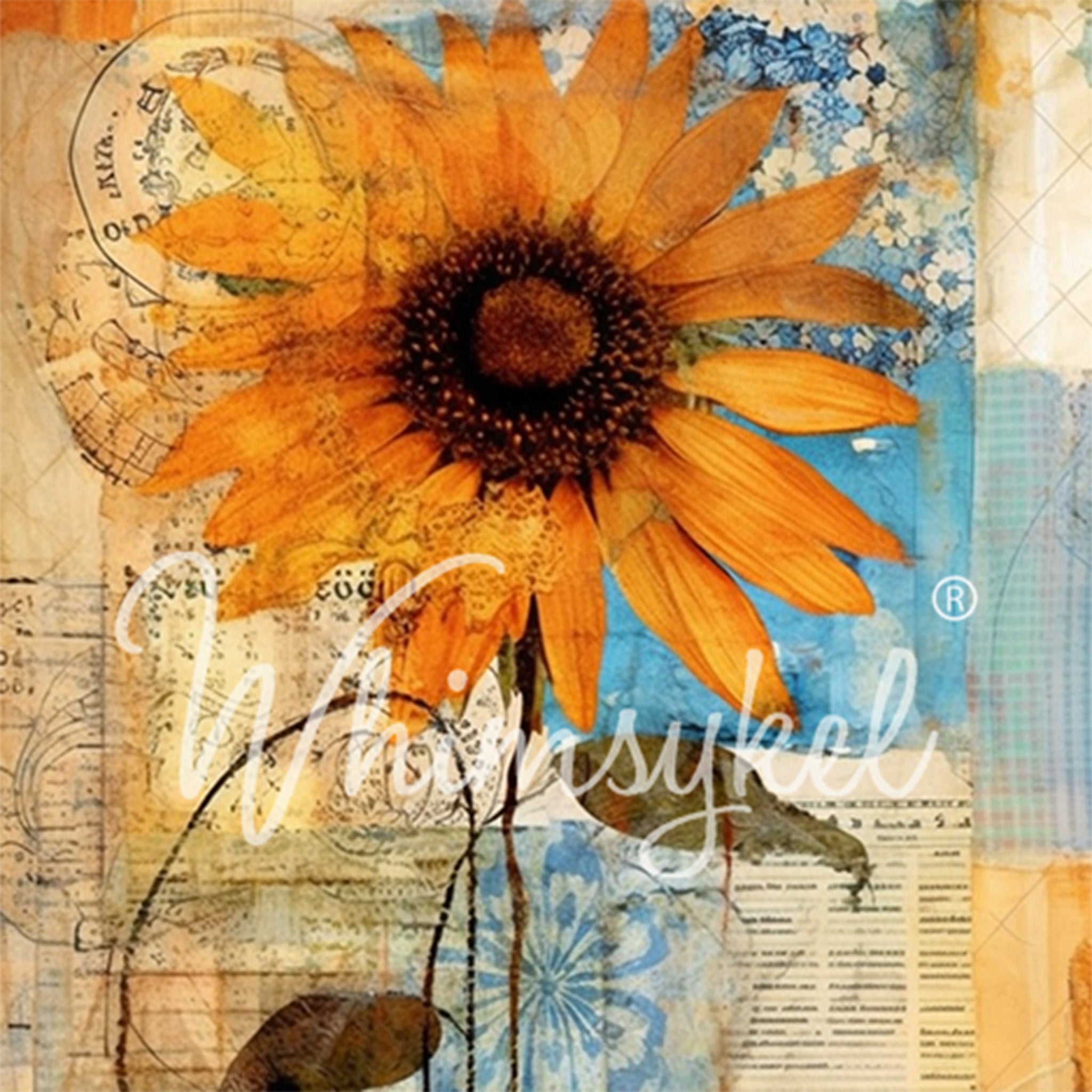 Close-up of a tissue paper design featuring a large sunflower against a collage of orange and blue vintage print.