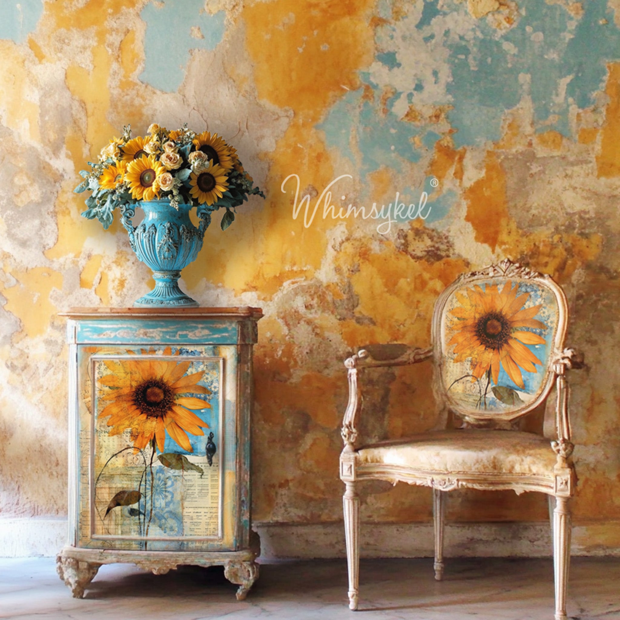 A vintage side table with storage is painted weathered white and features Whimsykel's Sunflower Collage tissue paper on its 1 storage door.