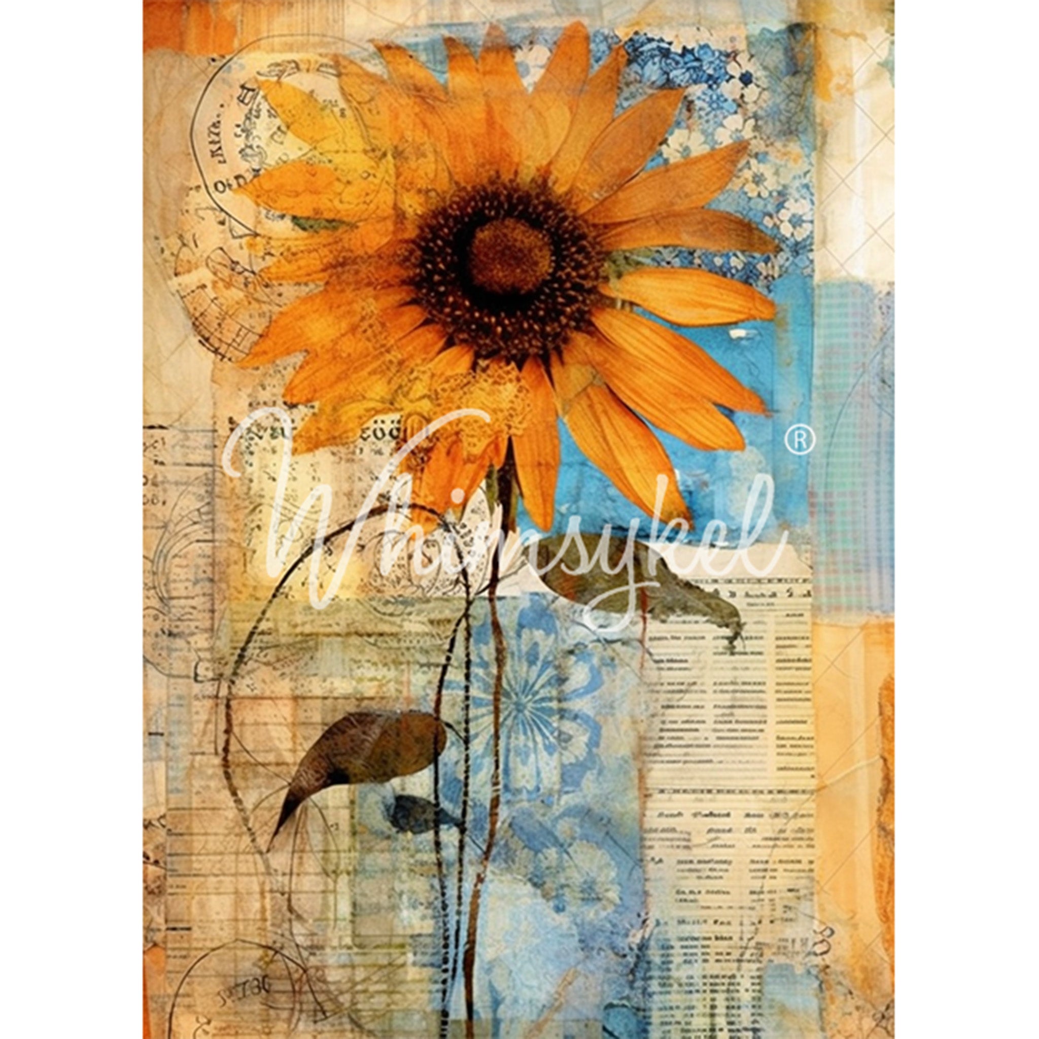 Tissue paper design featuring a large sunflower against a collage of orange and blue vintage print. White borders are on the sides.