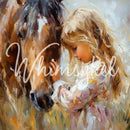 Painting of a girl and a horse with 'Whimsical' branding.