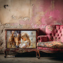 Vintage dresser with horse and girl design next to a pink floral chair against a textured wall.