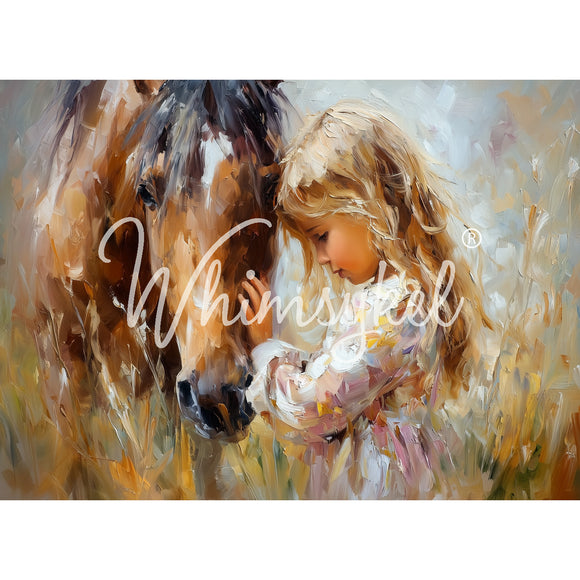 Painting of a child and horse with 'Whimsical' branding.