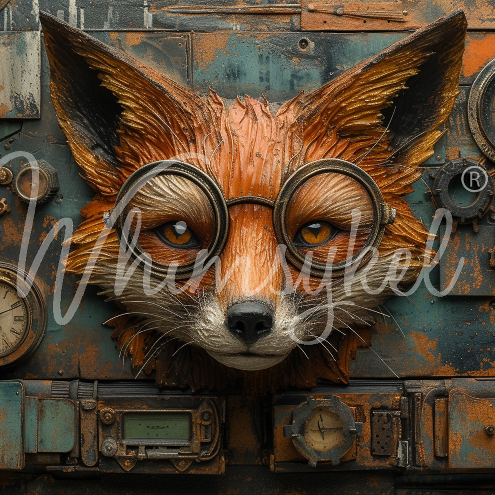 Close-up of a tissue paper design featuring a crafty fox face wearing spectacles on a background of rusty metal and pocket watches giving it a Steampunk feel.