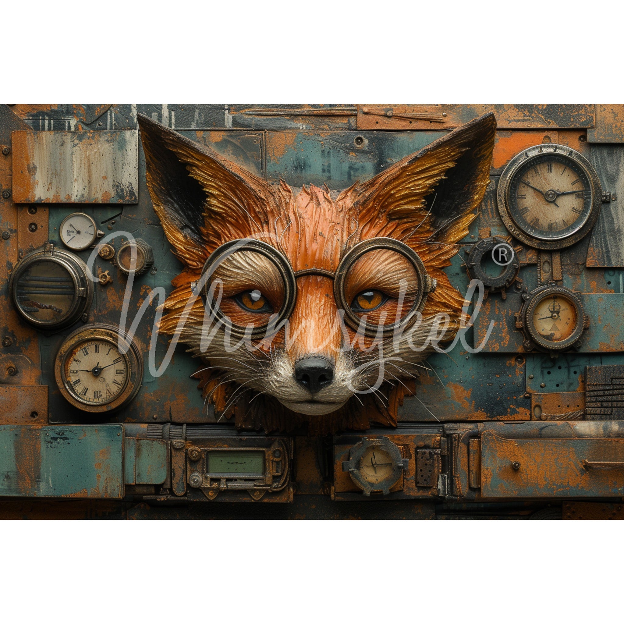 Tissue paper design featuring a crafty fox face wearing spectacles on a background of rusty metal and pocket watches giving it a Steampunk feel. White borders are on the top and bottom.