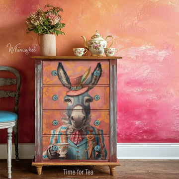 Time for Tea Whimsykel decoupage paper applied to a vintage dresser in a pink room