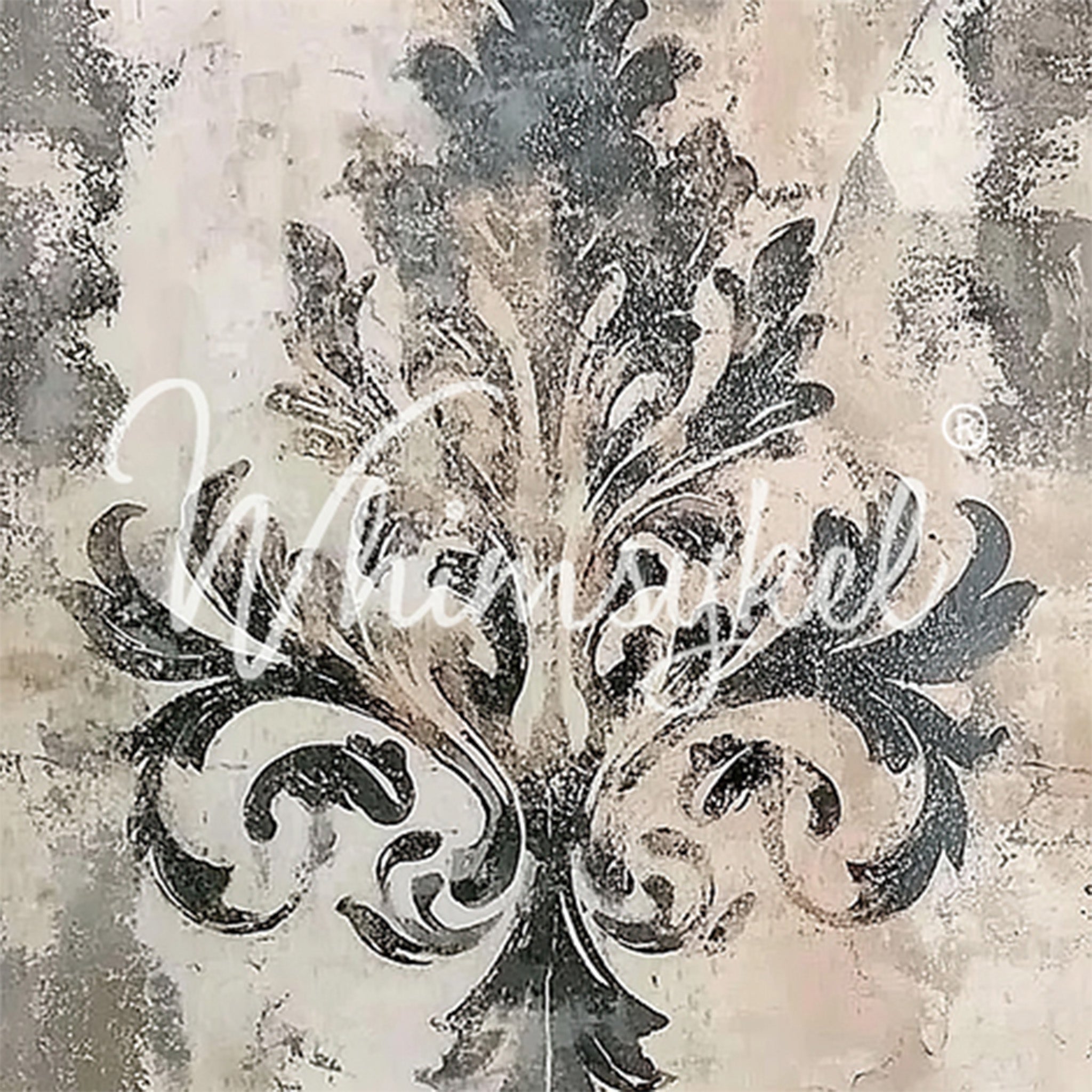 A close-up of a tissue paper featuring a charming charcoal damask flourish against a distressed cream background.