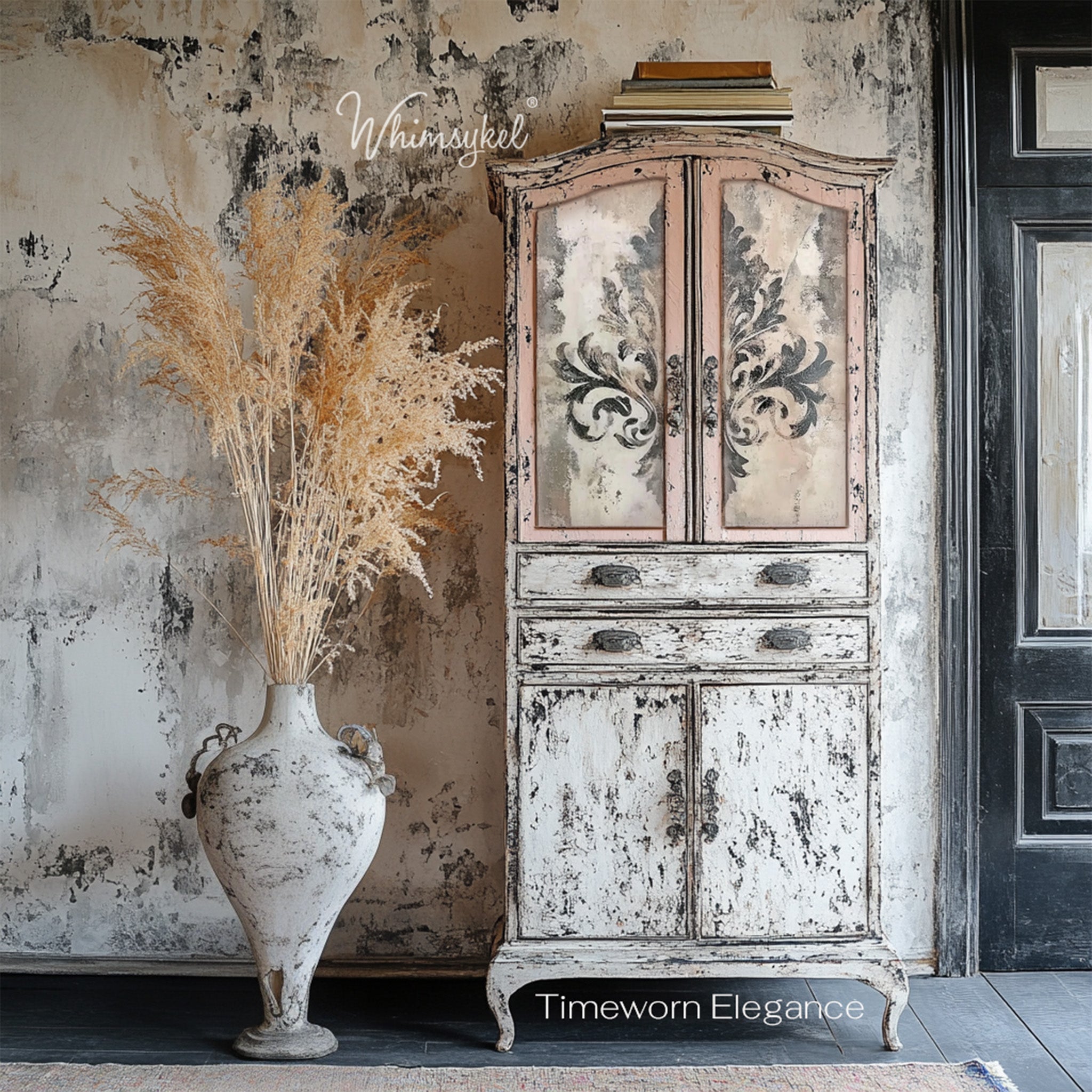 A vintage armoire features Whimsykel's Timeworn Elegance tissue paper on its 2 top doors.