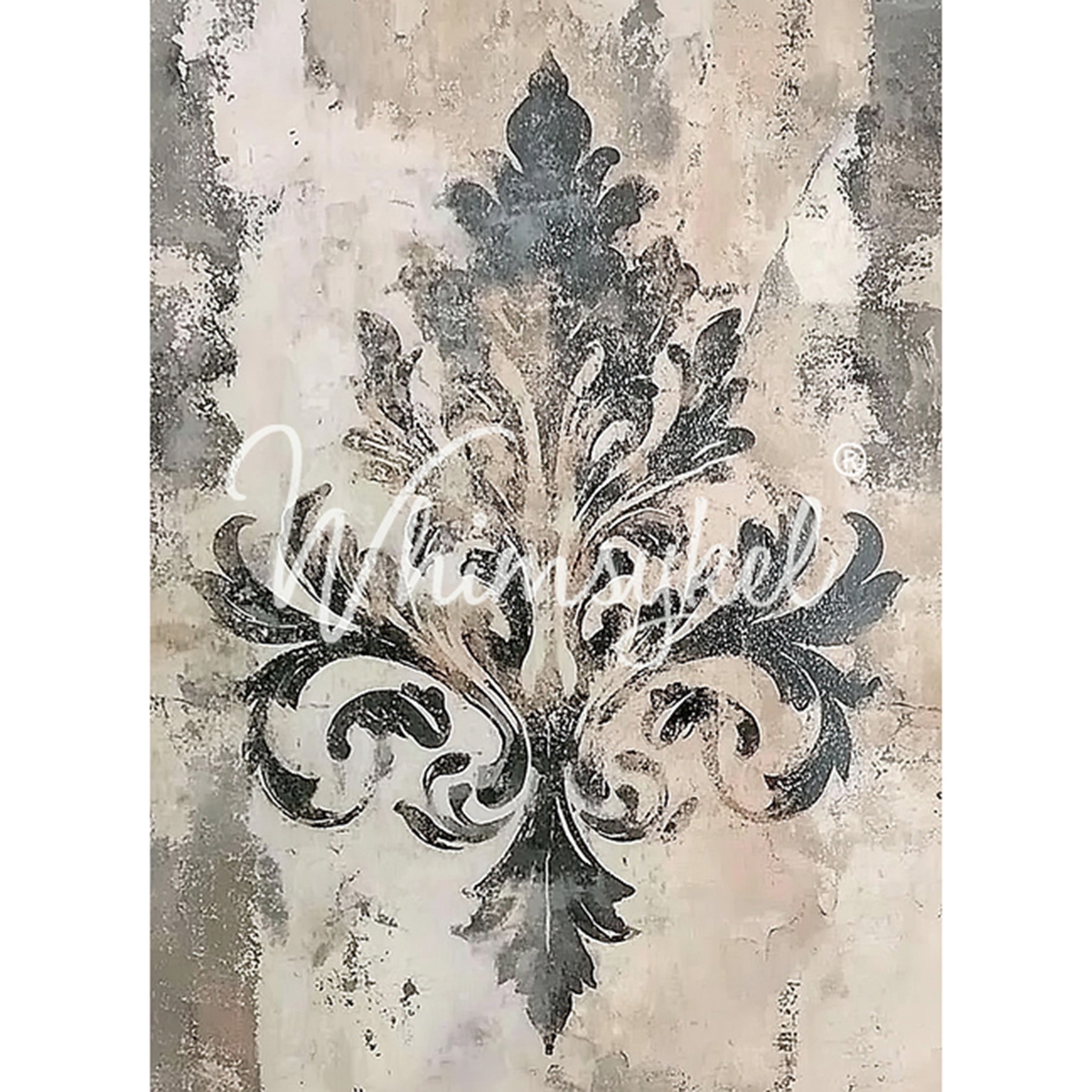 Tissue paper featuring a charming charcoal damask flourish against a distressed cream background. White borders are on the sides.