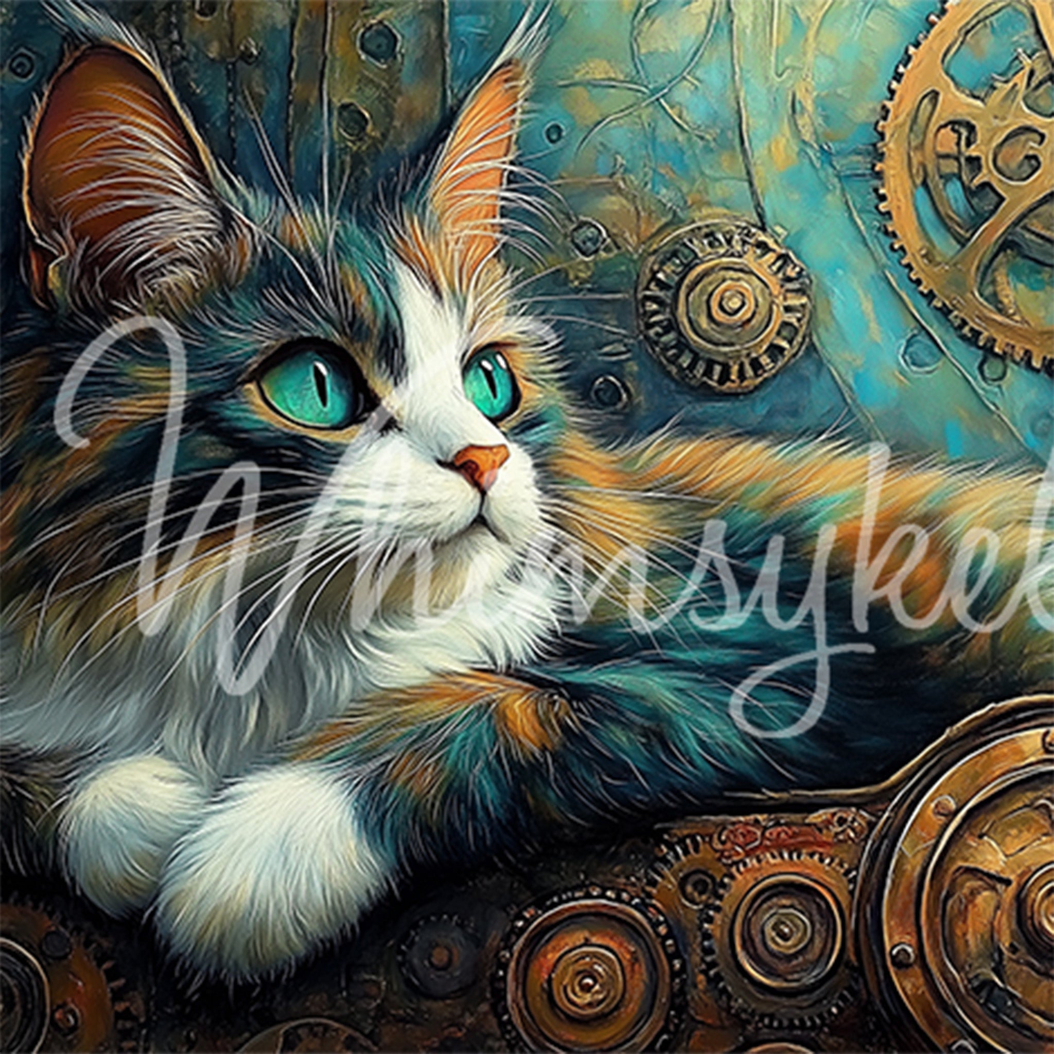 Close-up of a tissue paper design featuring a charming kitten surrounded by rusty patina colored steampunk gadgets and gears. 