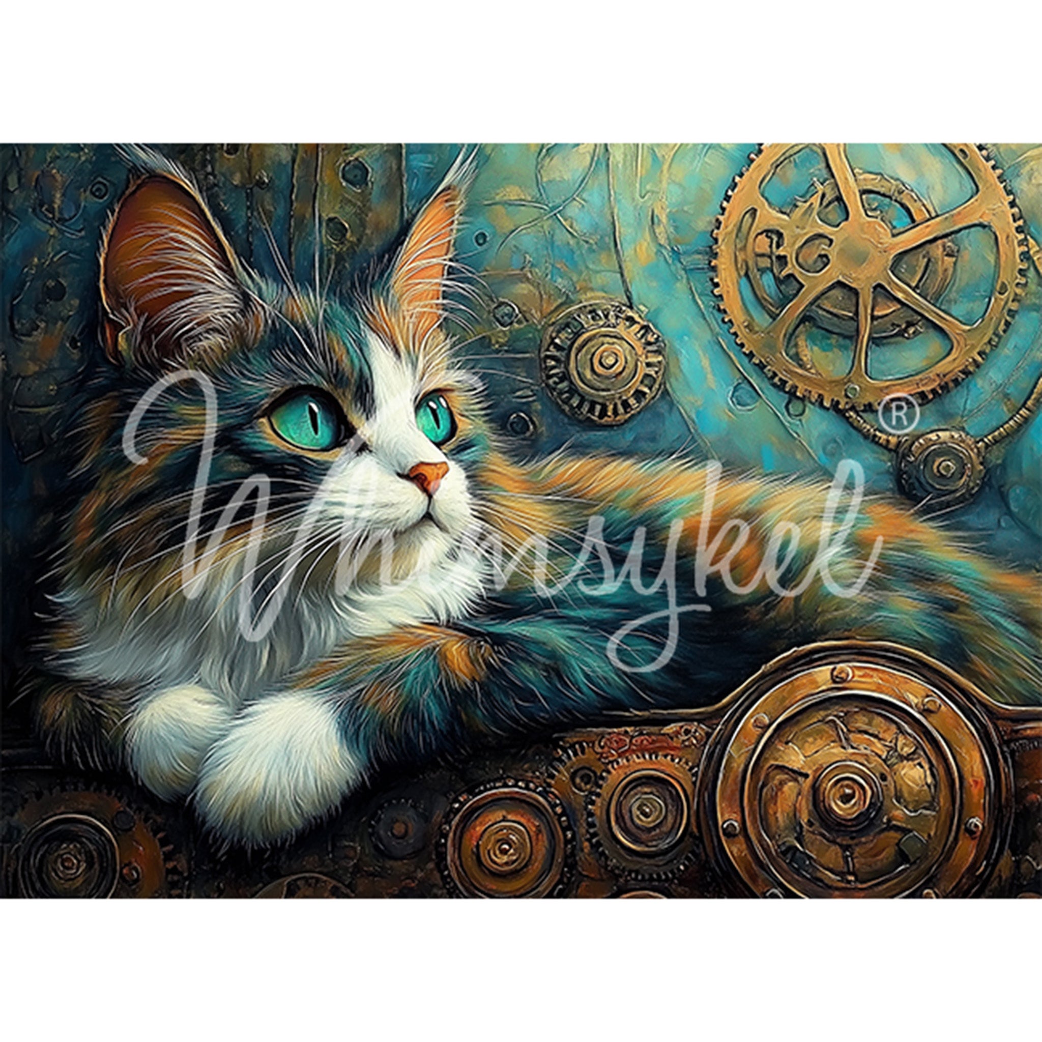 Tissue paper design featuring a charming kitten surrounded by rusty patina colored steampunk gadgets and gears. White borders are on the top and bottom.